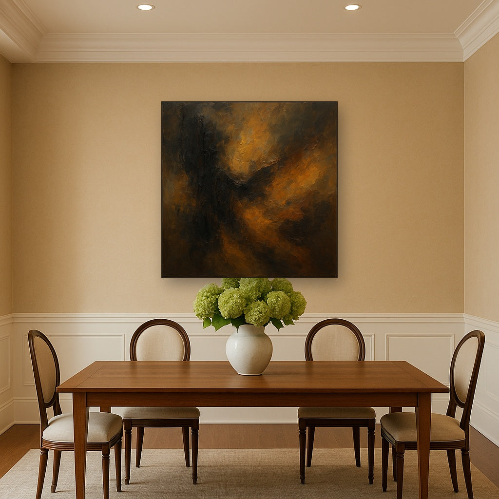 Smoky Topaz & Charred Wood Abstract Oil Painting - Styled in Elegant Dining Room
