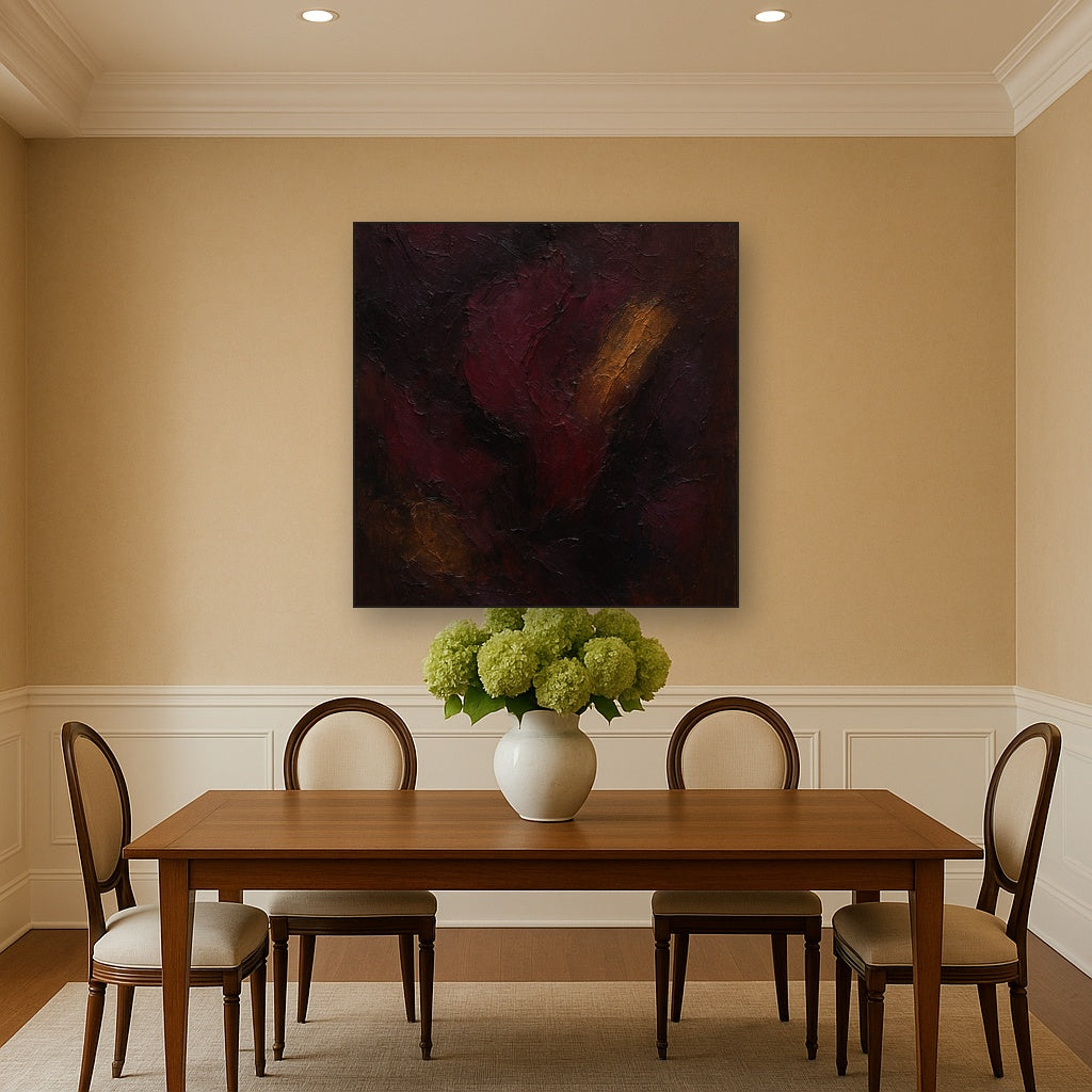 Rich Burgundy Plum & Velvet Amber No. 4 Oil Painting - Styled in Elegant Dining Room