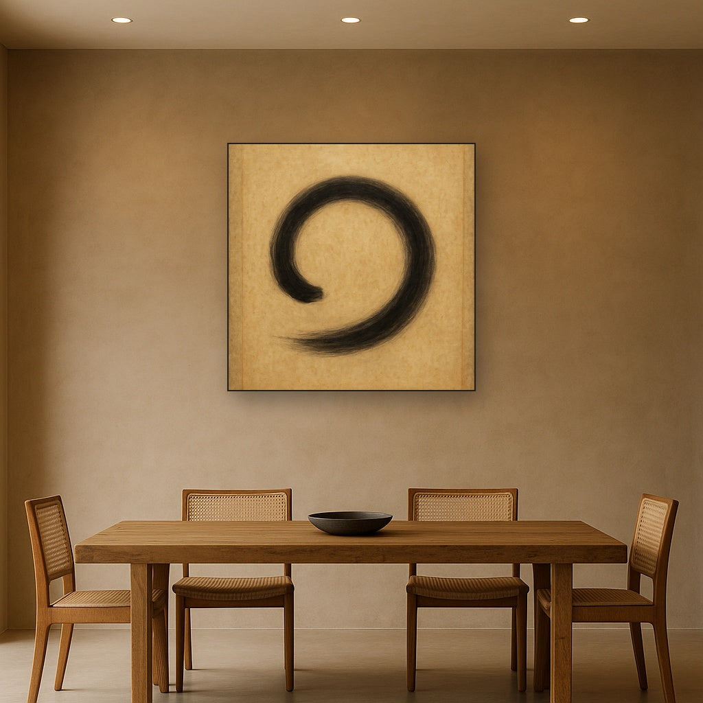 Aged Rice Paper & Charcoal Calligraphic Balance No. 3 Oil Painting Staged Above Dining Room Credenza, Elegant Hand Painted Oil Art for Dining Room Walls