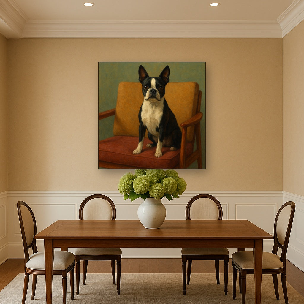 Boston Terrier in Warm Mid-Century Armchair No. 9 Fine Art Oil Painting - View 4