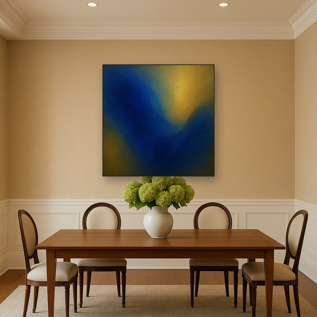 Lapis Lazuli & Golden Ochre Luminous Field No. 10 Oil Painting Staged Above Dining Room Credenza, Elegant Hand Painted Oil Art for Dining Room Walls