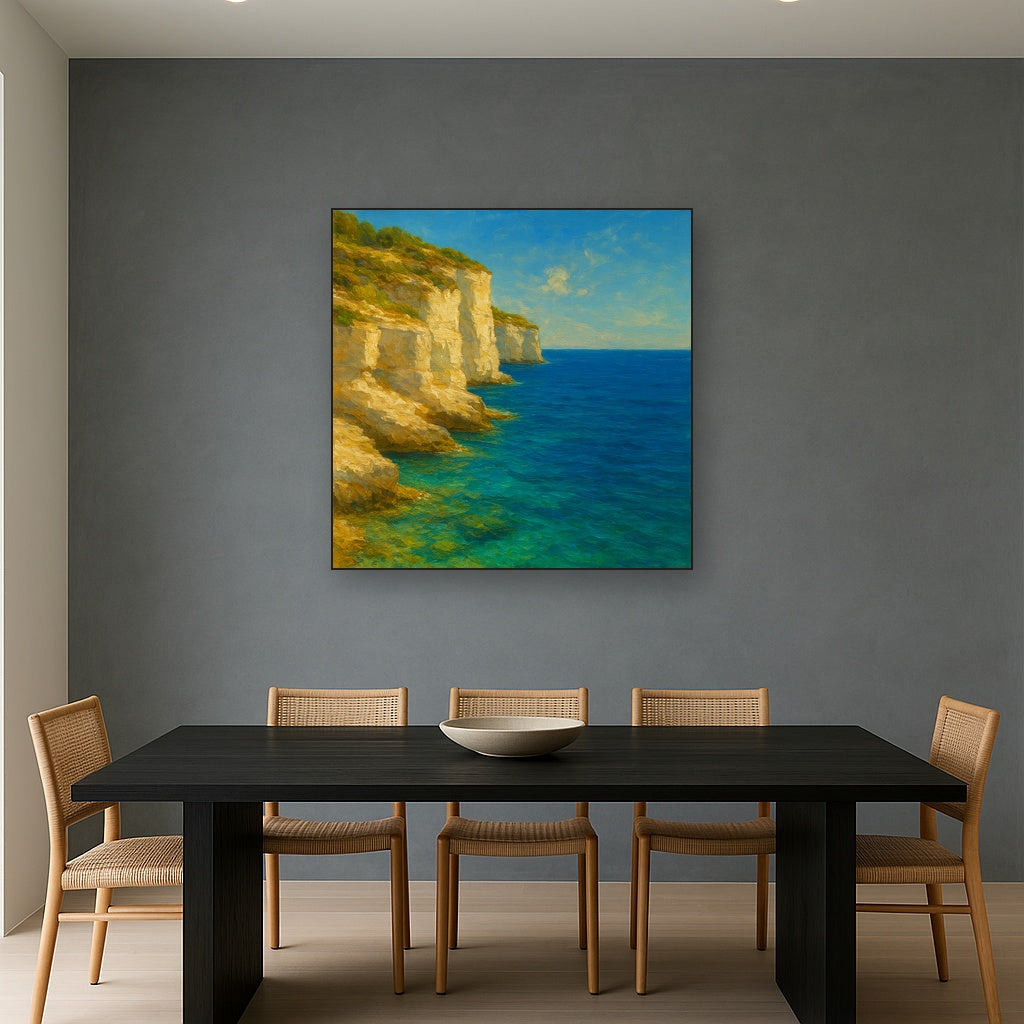 Mediterranean White Cliffs & Azure Horizon Fine Art Oil Painting - View 4