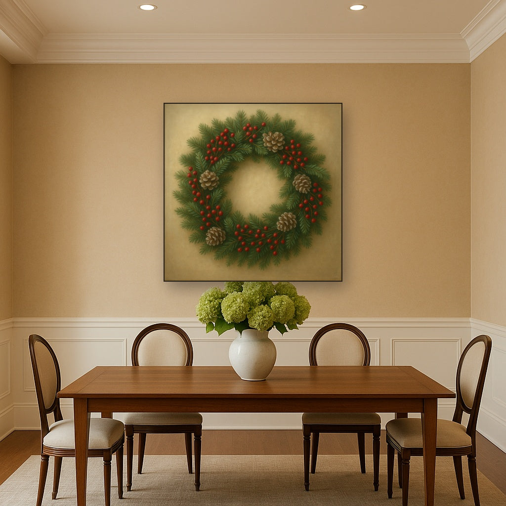 Vintage Holiday Botanical Wreath & Berries Oil Painting Staged Above Dining Room Credenza, Elegant Hand Painted Oil Art for Dining Room Walls