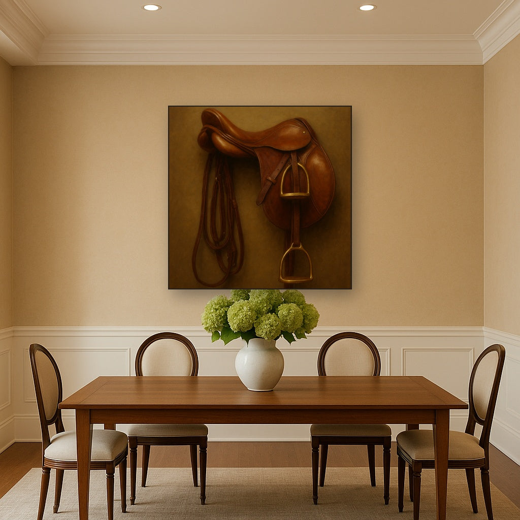 Vintage Bridle & Polished Leather Saddle No. 3 Oil Painting Staged Above Dining Room Credenza, Elegant Hand Painted Oil Art for Dining Room Walls