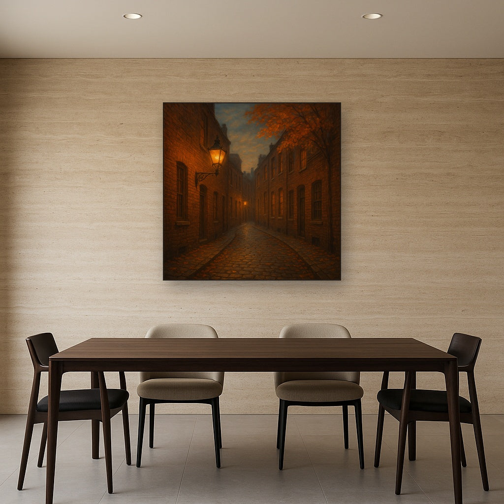 London Gaslamp Alley in Autumn Dusk No. 25 Oil Painting Staged Above Dining Room Credenza, Elegant Hand Painted Oil Art for Dining Room Walls