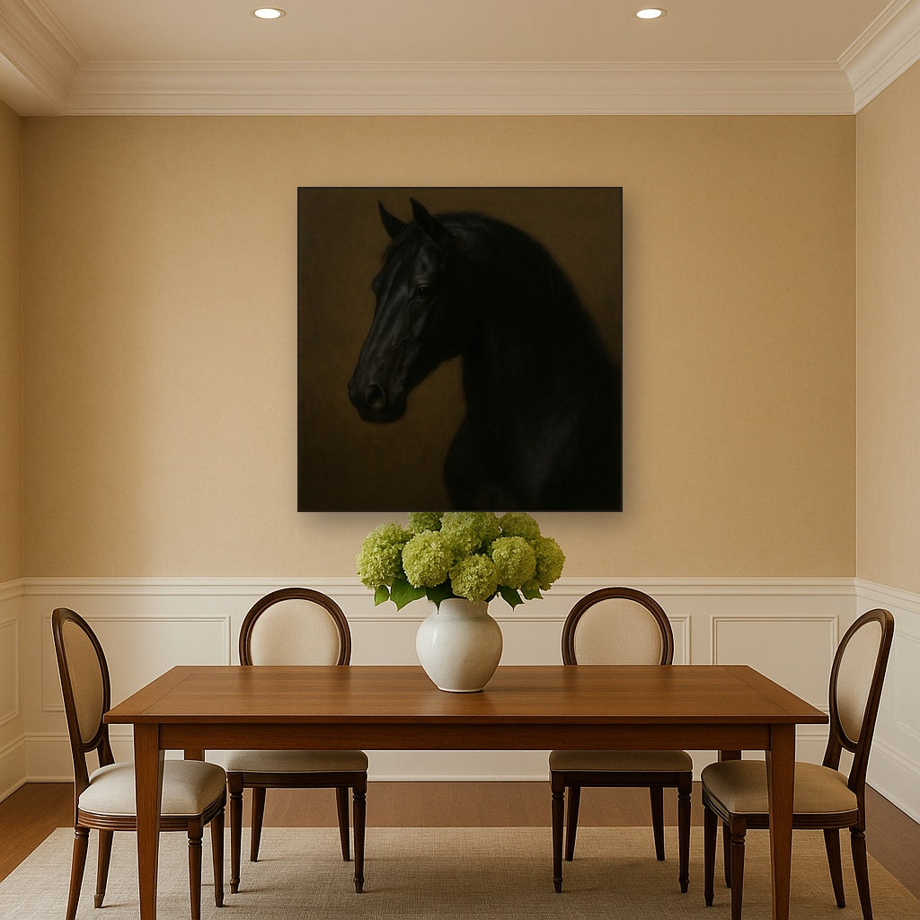 Dark Stallion Portrait in Classical Sfumato No. 19 Oil Painting Staged Above Dining Room Credenza, Elegant Hand Painted Oil Art for Dining Room Walls