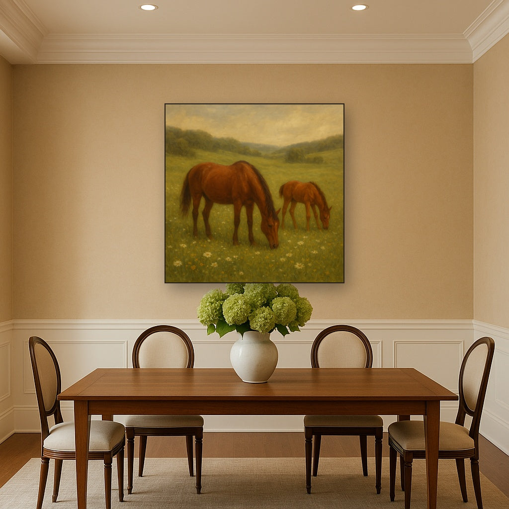 Mares & Foals Grazing in Rolling Meadow No. 6 Oil Painting - View 4