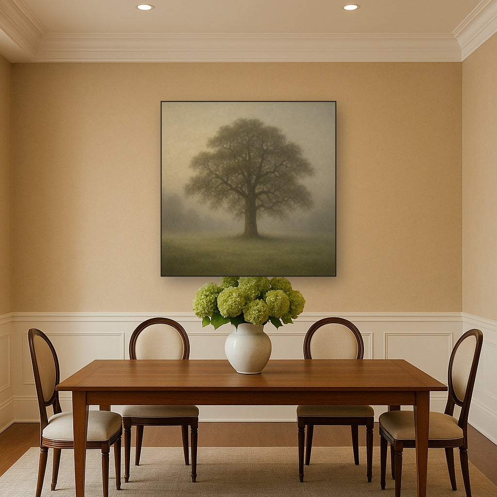 Ancient Solitary Oak in Morning Fog No. 3 Oil Painting - View 4