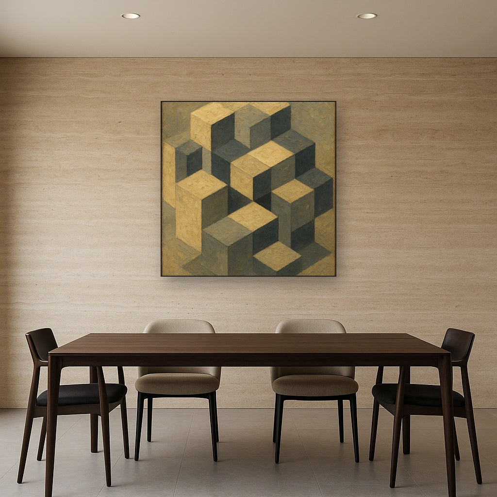 Isometric Modernist Cube Abstraction No. 3 Oil Painting - Styled in Elegant Dining Room