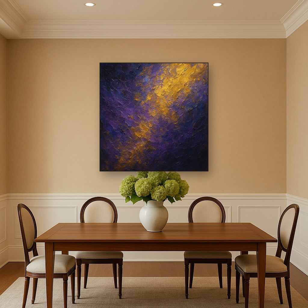 Amethyst Shadow & Celestial Gold Oil Painting - Styled in Elegant Dining Room