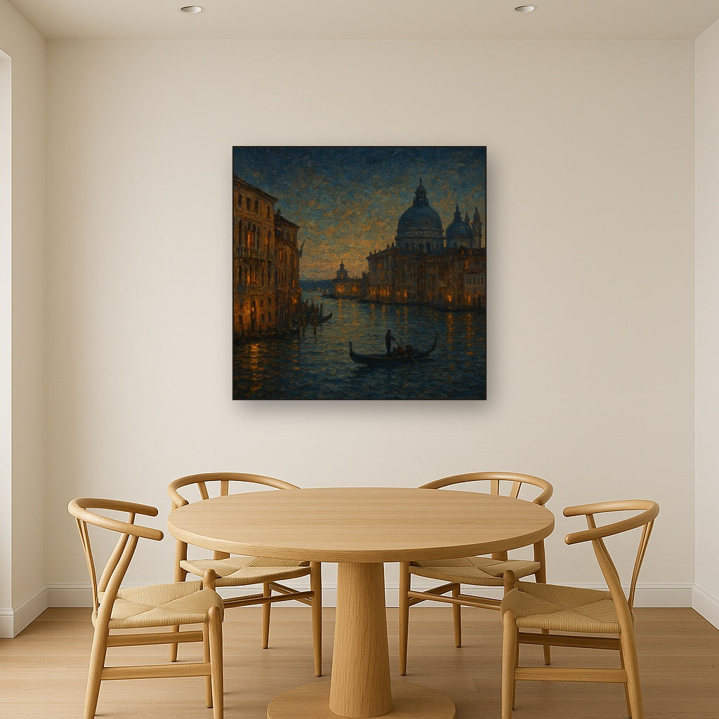 Vintage Venetian Grand Canal at Twilight Oil Painting - Styled in Elegant Dining Room