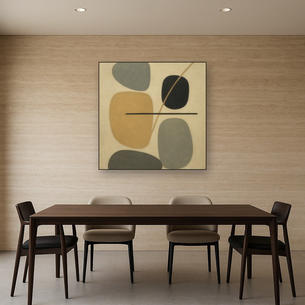 Organic Pebble Contours & Slanted Lines No. 22 Oil Painting Staged Above Dining Room Credenza, Elegant Hand Painted Oil Art for Dining Room Walls