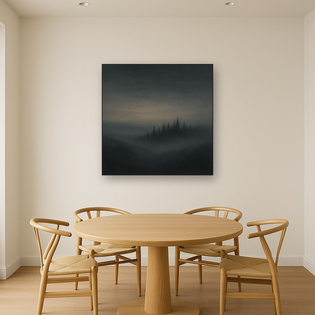 Dusk over Silent Pine Ridgeline in Charcoal Fog No. 25 Oil Painting Staged Above Dining Room Credenza, Elegant Hand Painted Oil Art for Dining Room Walls