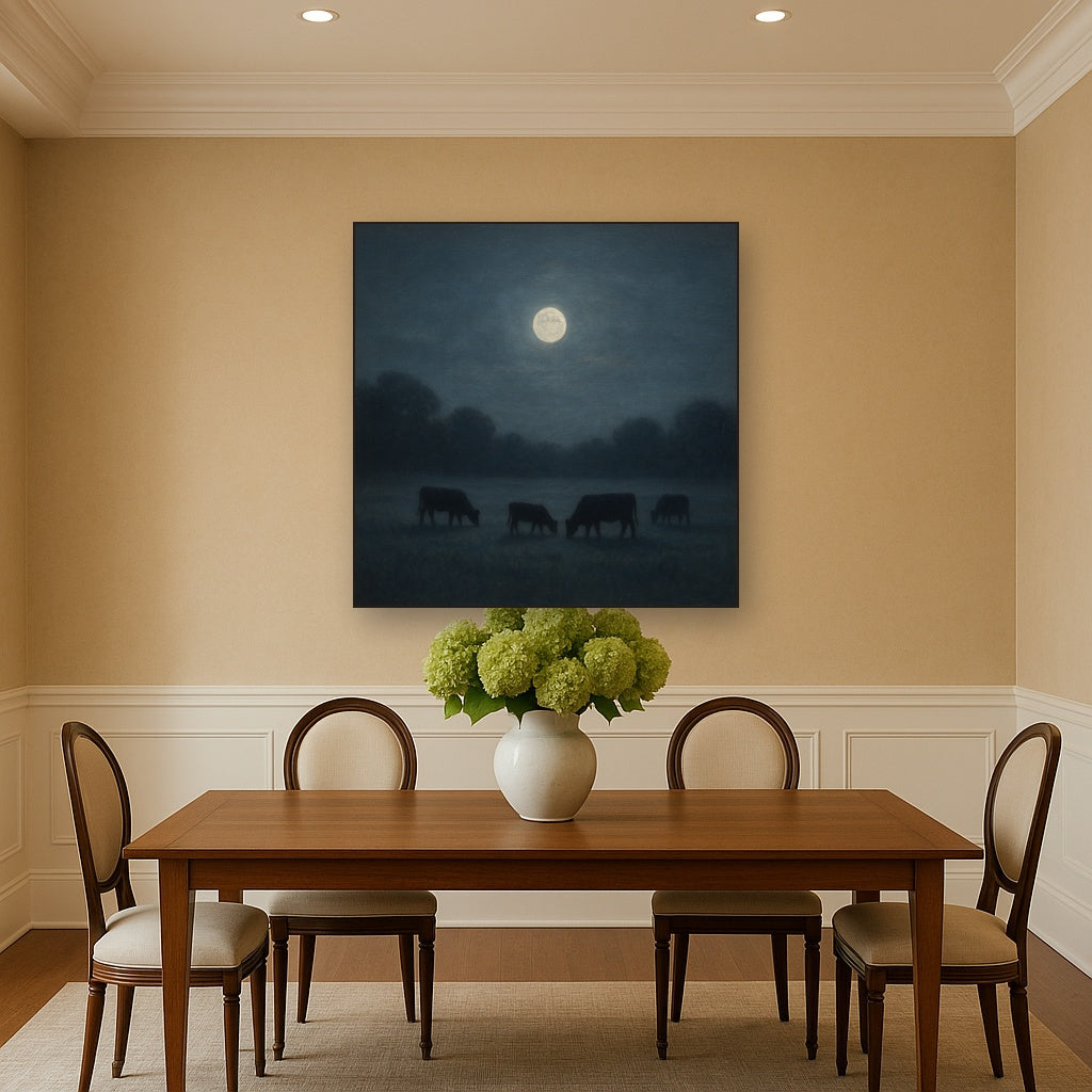 Moonlit Pastoral Meadow & Cattle Silhouettes No. 10 Oil Painting - View 4