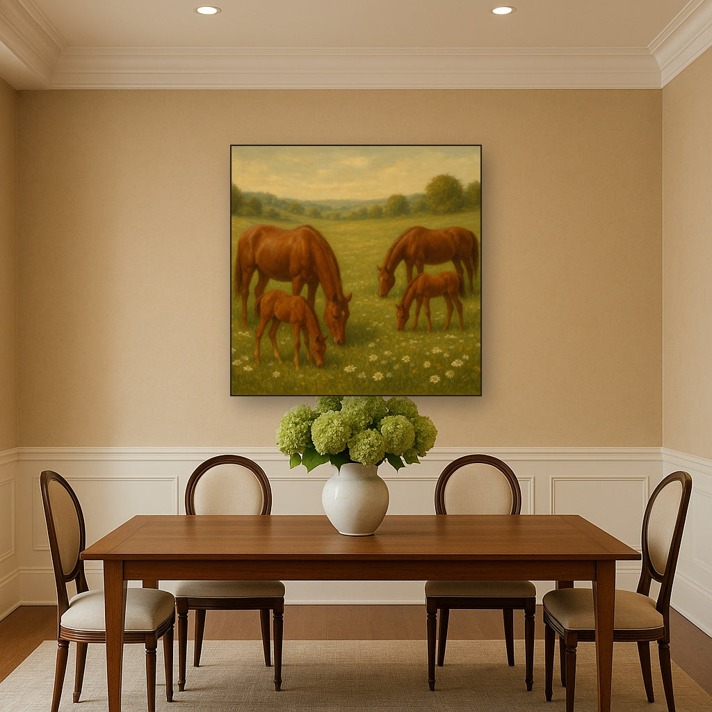 Mares & Foals Grazing in Rolling Meadow No. 20 Oil Painting Staged Above Dining Room Credenza, Elegant Hand Painted Oil Art for Dining Room Walls