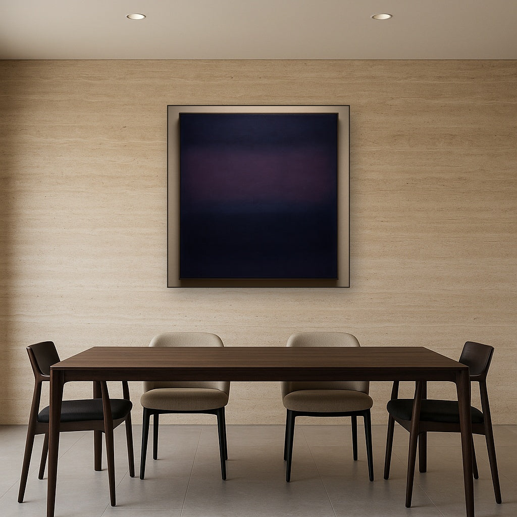 Deep Indigo & Midnight Plum Ambient Field No. 16 Oil Painting Staged Above Dining Room Credenza, Elegant Hand Painted Oil Art for Dining Room Walls