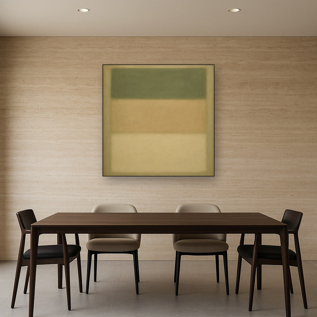 Sage Olive & Pale Sandstone Minimalist Harmony No. 24 Oil Painting Staged Above Dining Room Credenza, Elegant Hand Painted Oil Art for Dining Room Walls