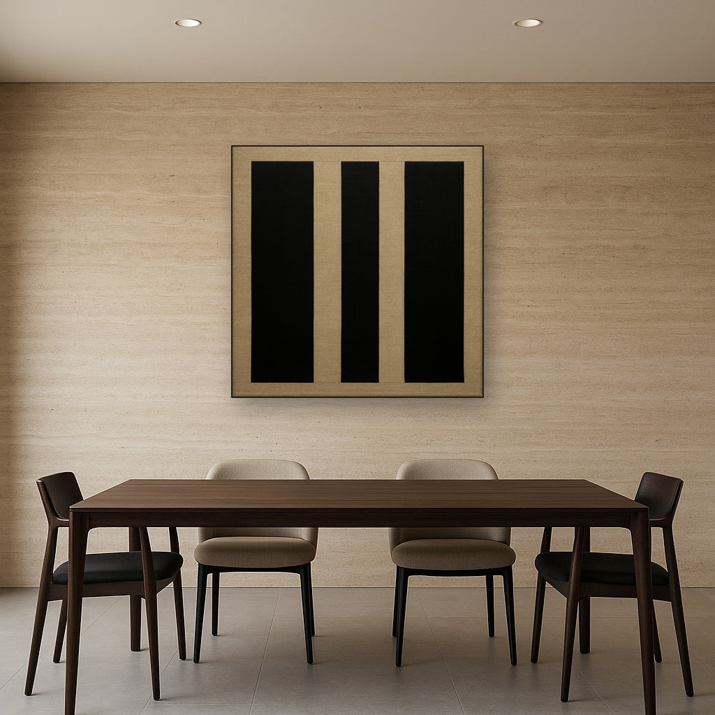 Minimalist Black Stripe & Raw Linen Rhythm No. 12 Fine Art Oil Painting - View 4