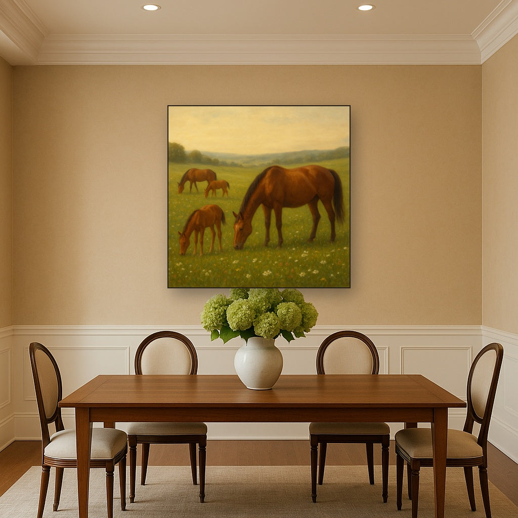 Mares & Foals Grazing in Rolling Meadow No. 8 Oil Painting - View 4