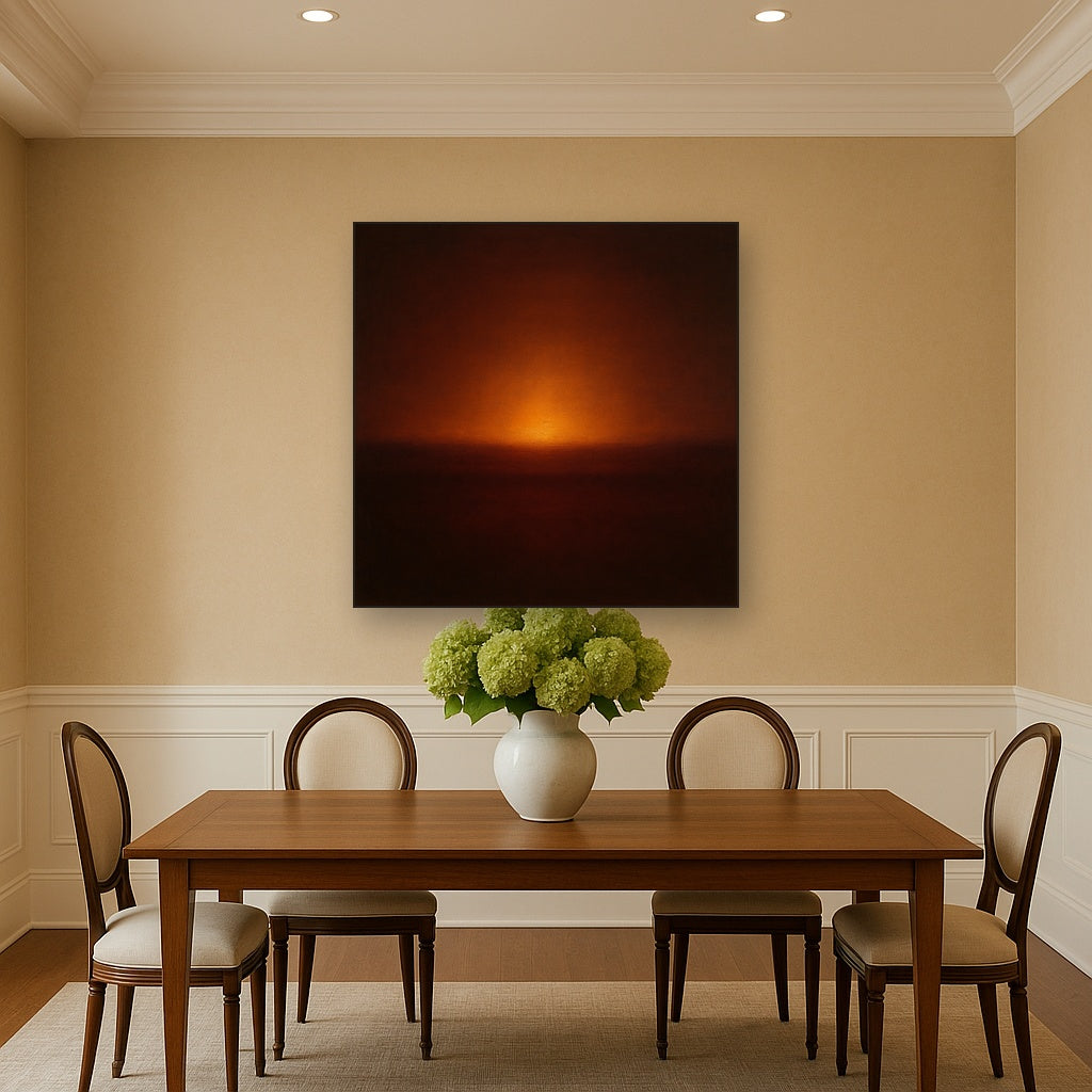 Deep Garnet & Amber Candlelight Horizon No. 5 Oil Painting Staged Above Dining Room Credenza, Elegant Hand Painted Oil Art for Dining Room Walls