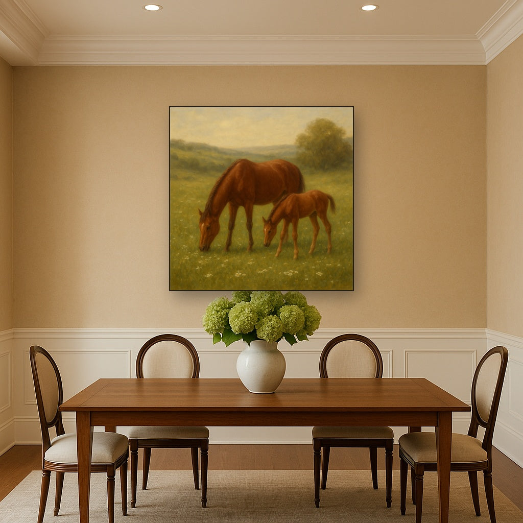 Mares & Foals Grazing in Rolling Meadow No. 14 Oil Painting - View 4