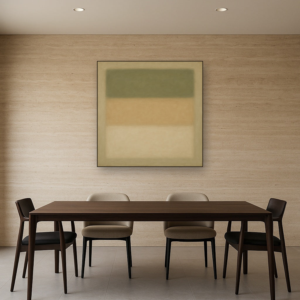 Sage Olive & Pale Sandstone Minimalist Harmony No. 11 Oil Painting Staged Above Dining Room Credenza, Elegant Hand Painted Oil Art for Dining Room Walls