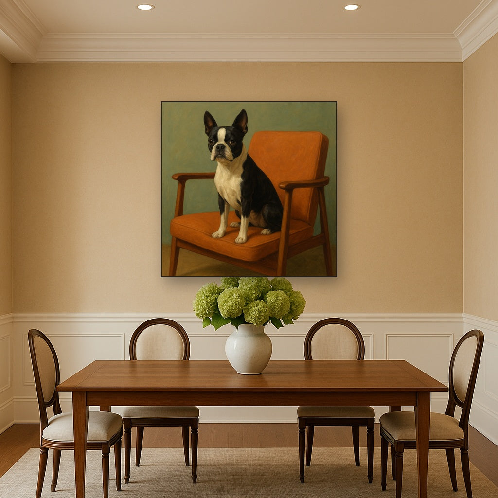 Boston Terrier in Warm Mid-Century Armchair No. 4 Fine Art Oil Painting - View 4