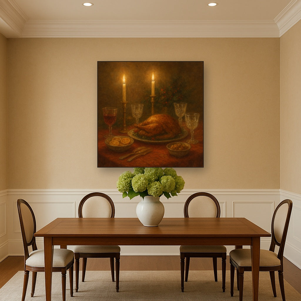 Candlelit Holiday Table & Vintage Glassware No. 2 Oil Painting - View 4