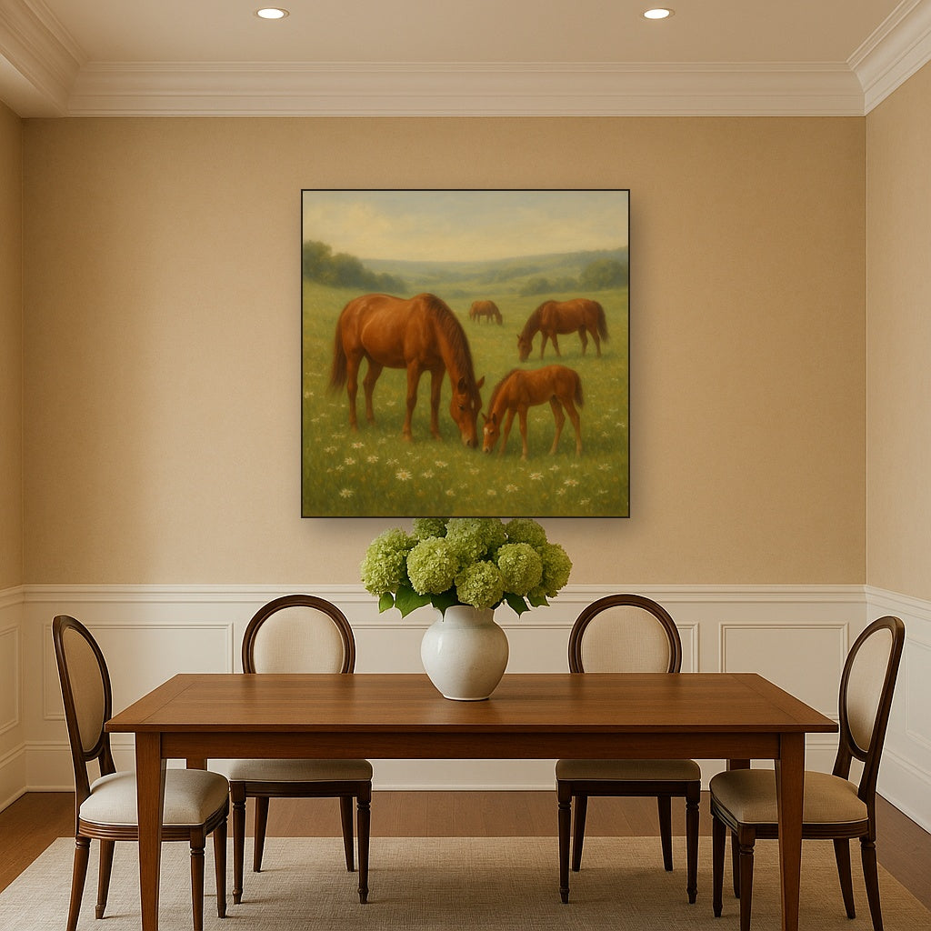 Mares & Foals Grazing in Rolling Meadow No. 11 Oil Painting - View 4