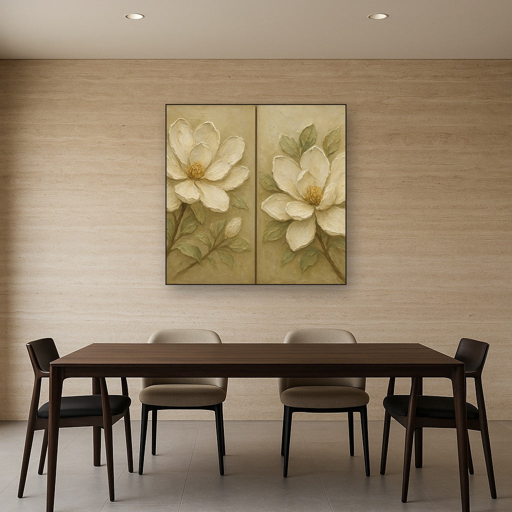 Sculptural Magnolia Diptych Blooms No. 2 Oil Painting - Styled in Elegant Dining Room