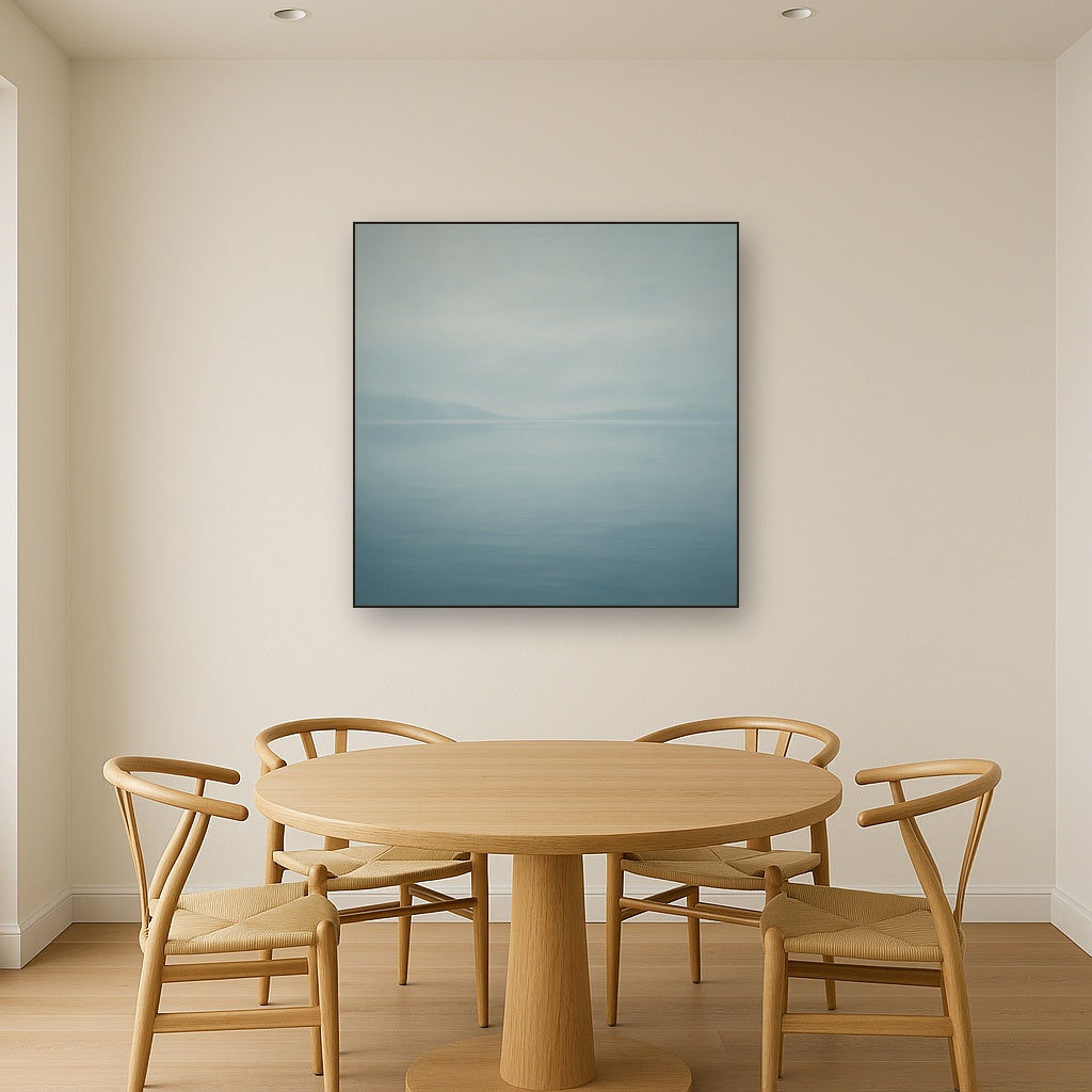Glass Horizon over Quiet Arctic Waters No. 13 Oil Painting Staged Above Dining Room Credenza, Elegant Hand Painted Oil Art for Dining Room Walls