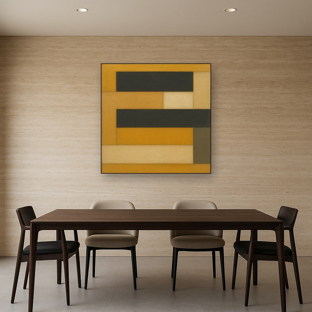 Stacked Horizon Blocks in Mustard & Charcoal No. 23 Oil Painting Staged Above Dining Room Credenza, Elegant Hand Painted Oil Art for Dining Room Walls