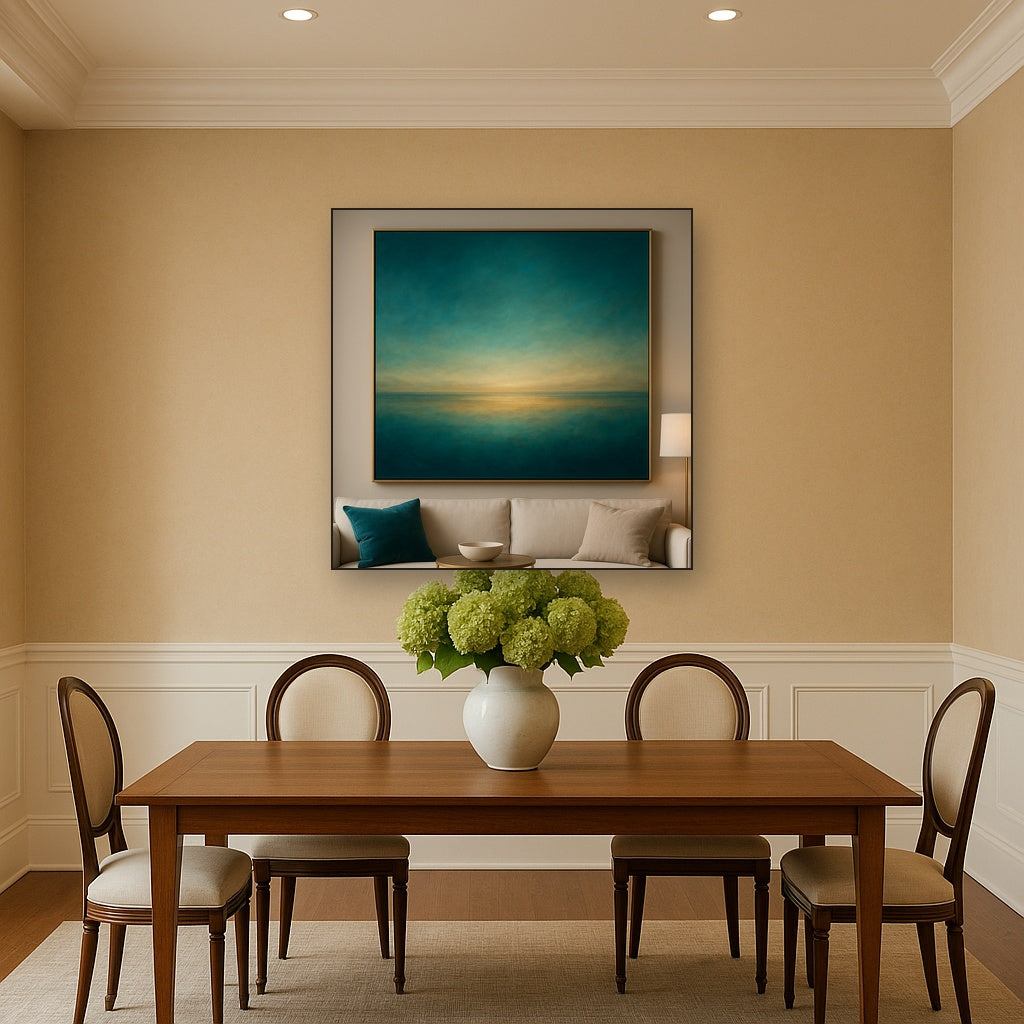 Peacock Teal & Champagne Gold Horizon No. 18 Oil Painting Staged Above Dining Room Credenza, Elegant Hand Painted Oil Art for Dining Room Walls
