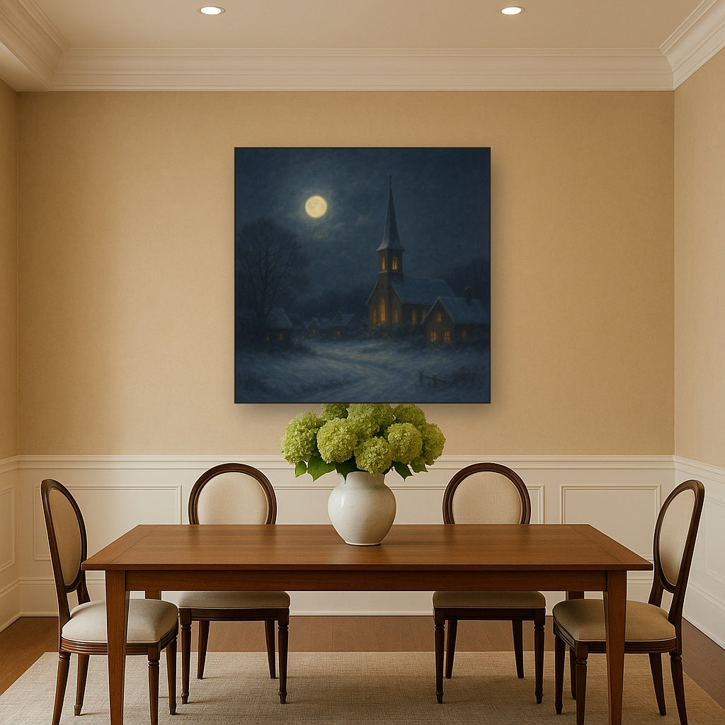 Moonlight Over Snowy Village Steeple No. 6 Oil Painting - View 4