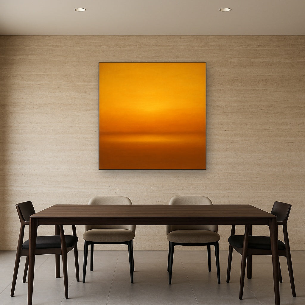 Warm Amber & Raw Sienna Sunset Meditation No. 25 Oil Painting Staged Above Dining Room Credenza, Elegant Hand Painted Oil Art for Dining Room Walls