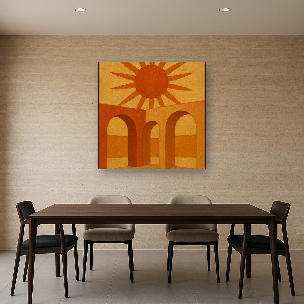 Mid-Century Terracotta Sun & Arches Oil Painting - Styled in Elegant Dining Room