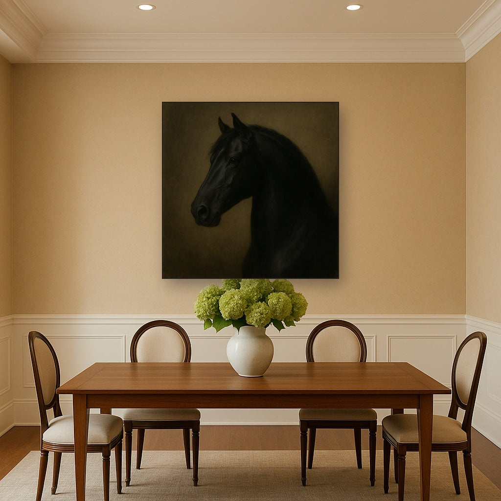 Dark Stallion Portrait in Classical Sfumato No. 17 Oil Painting Staged Above Dining Room Credenza, Elegant Hand Painted Oil Art for Dining Room Walls