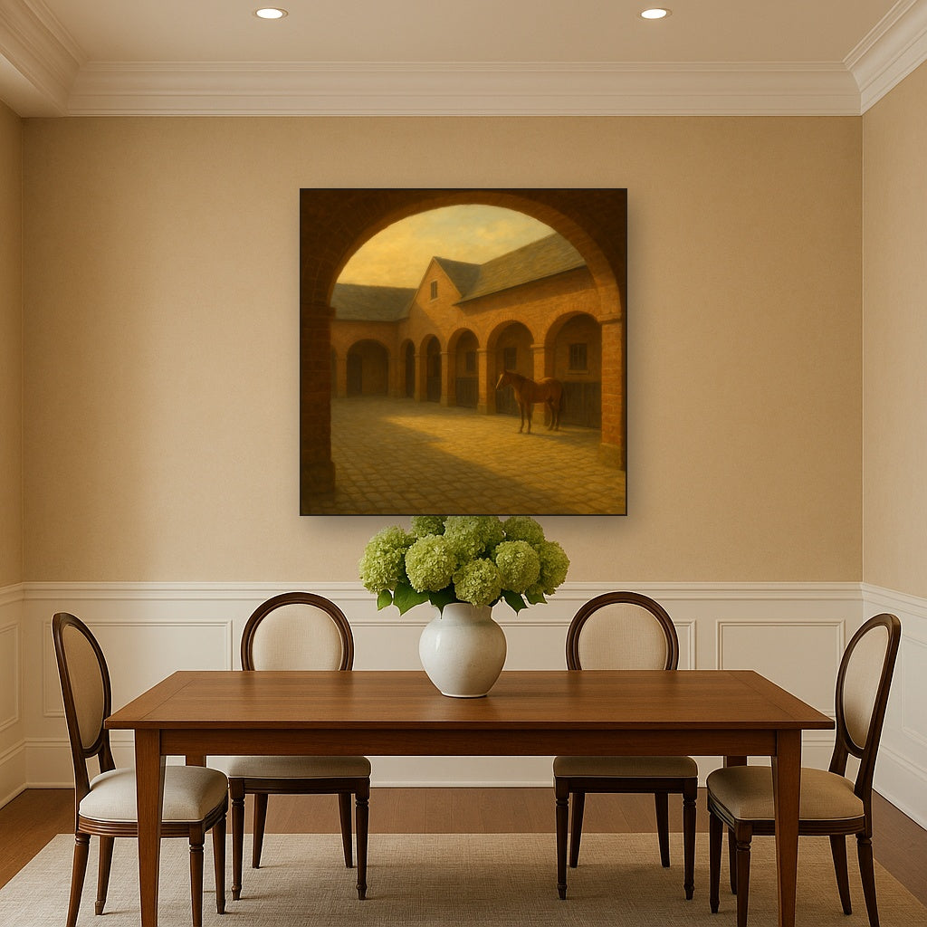 Equestrian Stable Courtyard in Late Afternoon No. 10 Oil Painting Staged Above Dining Room Credenza, Elegant Hand Painted Oil Art for Dining Room Walls