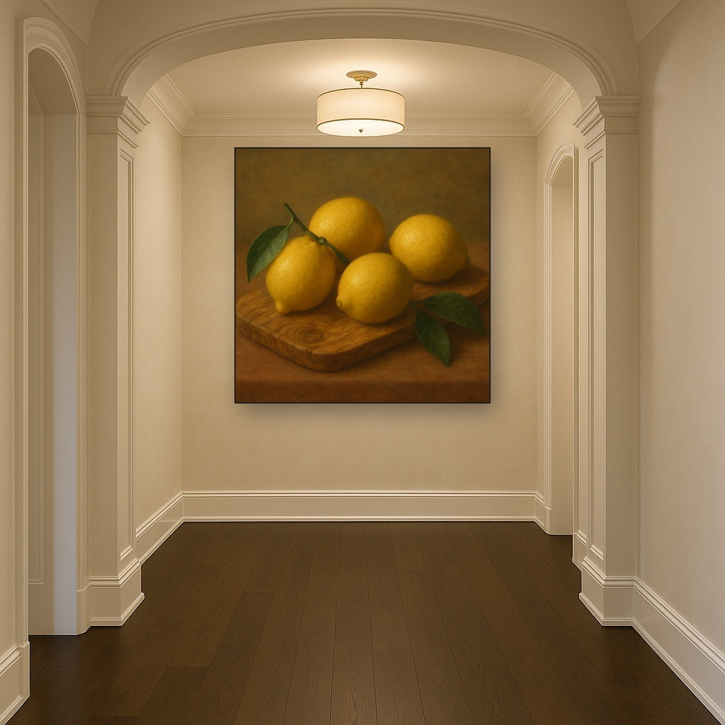 Meyer Lemons on Olive Wood Board No. 3 Oil Painting Staged in Bright Entryway and Hallway Gallery Wall, Hand Painted Fine Art on Linen