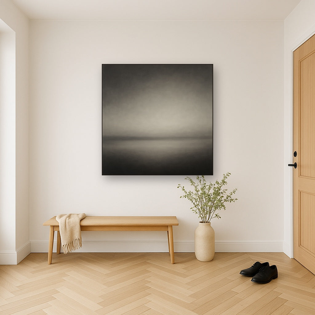 Monochrome Charcoal Drift & Soft Sfumato Horizon No. 3 Oil Painting Staged in Bright Entryway and Hallway Gallery Wall, Hand Painted Fine Art on Linen