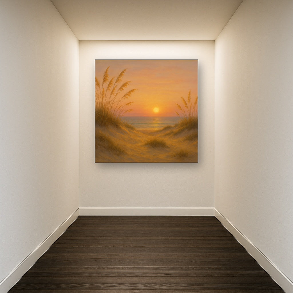 Sea Oats on Rolling Coastal Dunes at Sunset No. 8 Oil Painting Staged in Bright Entryway and Hallway Gallery Wall, Hand Painted Fine Art on Linen