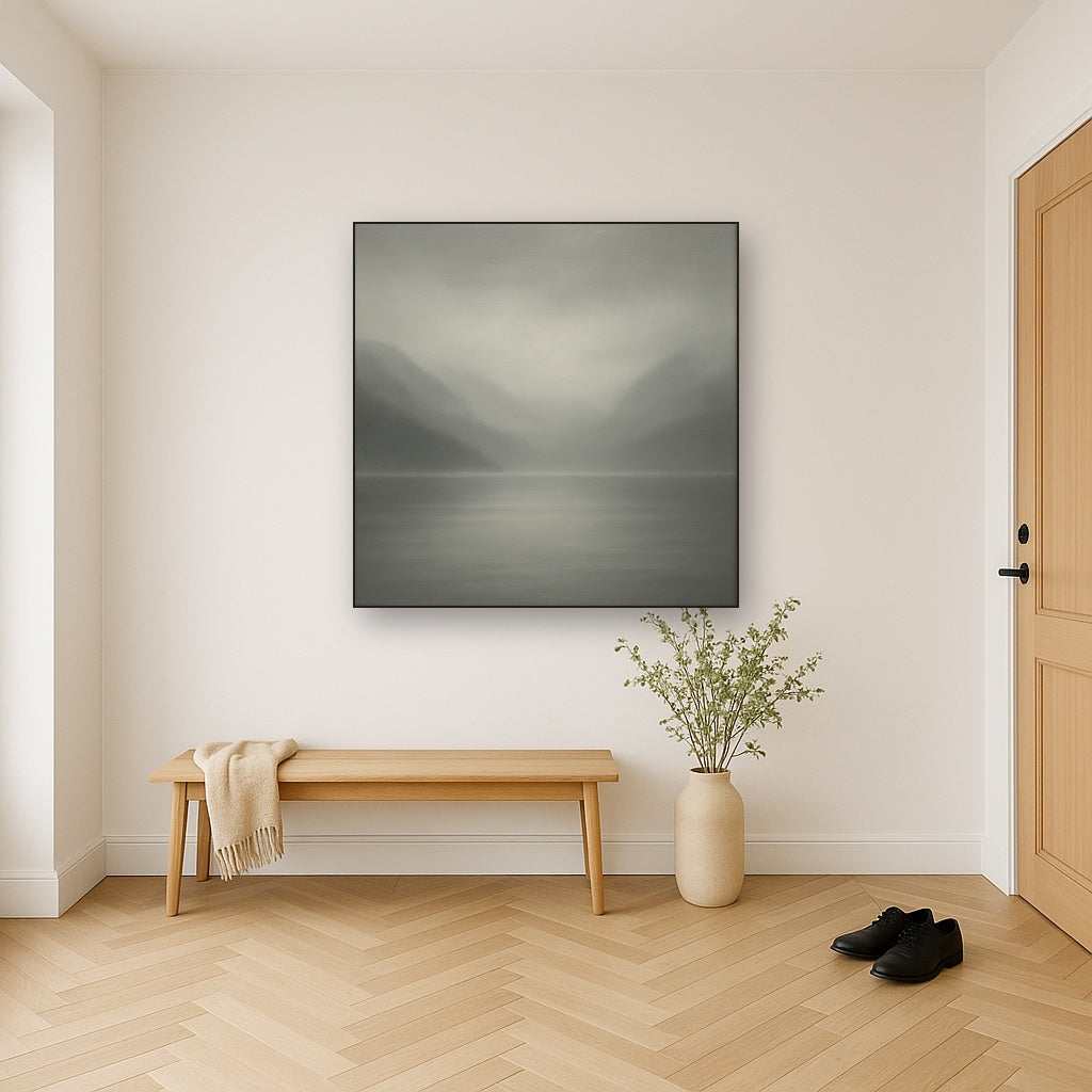 Misty Fjord Horizon in Monochromatic Slate No. 13 Oil Painting Staged in Bright Entryway and Hallway Gallery Wall, Hand Painted Fine Art on Linen