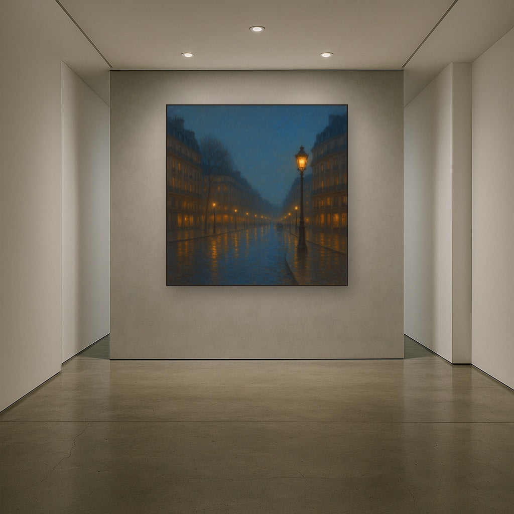Rainy Parisian Boulevard at Twilight No. 29 Oil Painting Staged in Bright Entryway and Hallway Gallery Wall, Hand Painted Fine Art on Linen