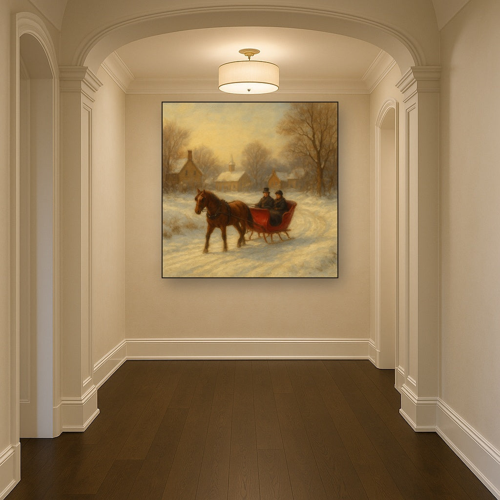 Horse-Drawn Sleigh on Village Snow Road Oil Painting - View 5