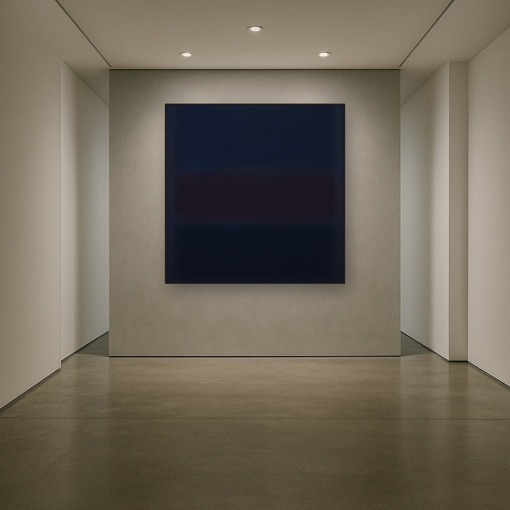 Deep Indigo & Midnight Plum Ambient Field No. 30 Oil Painting Staged in Bright Entryway and Hallway Gallery Wall, Hand Painted Fine Art on Linen