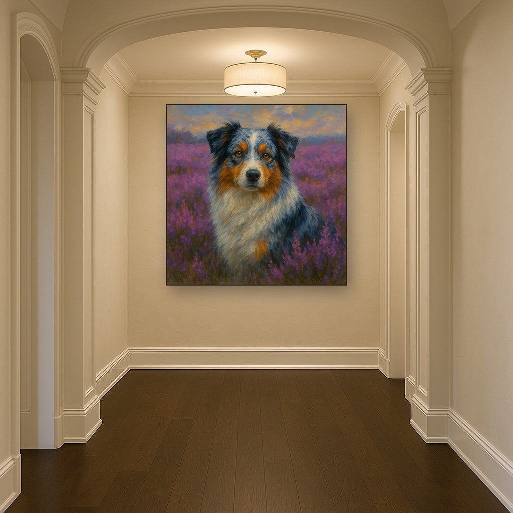 Australian Shepherd in Blooming Heather Field No. 16 Fine Art Oil Painting - View 5