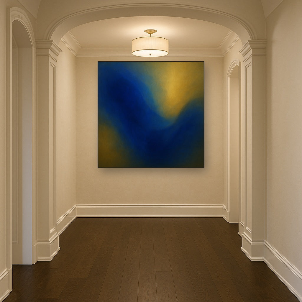 Lapis Lazuli & Golden Ochre Luminous Field No. 10 Oil Painting Staged in Bright Entryway and Hallway Gallery Wall, Hand Painted Fine Art on Linen
