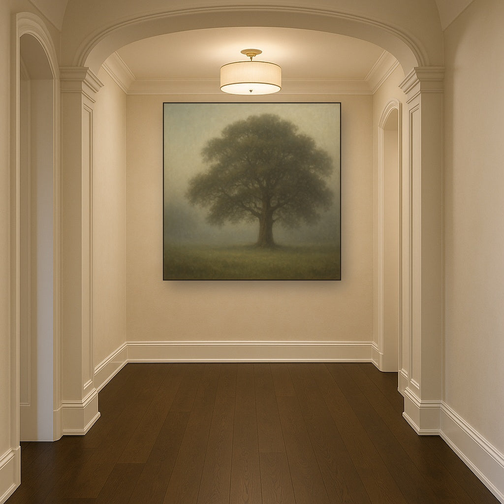 Ancient Solitary Oak in Morning Fog No. 10 Oil Painting - View 5