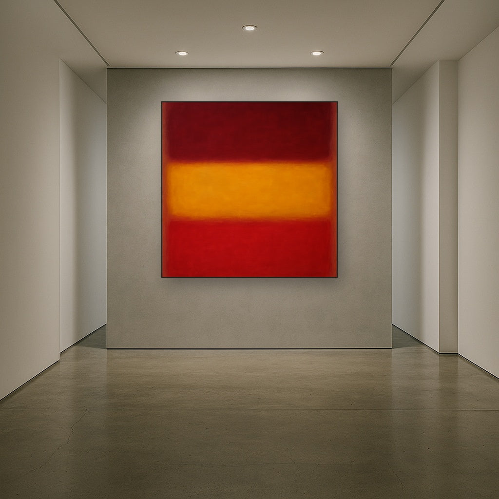 Crimson Burgundy & Saffron Gold Color Vibrations No. 6 Oil Painting Staged in Bright Entryway and Hallway Gallery Wall, Hand Painted Fine Art on Linen