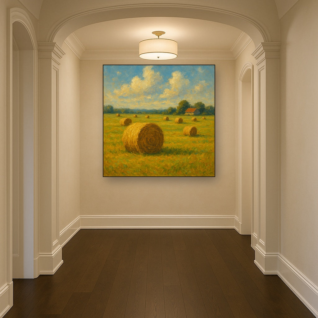 Rolling Meadow Hay Bales Horizon No. 4 Oil Painting - Styled in Entryway Hallway